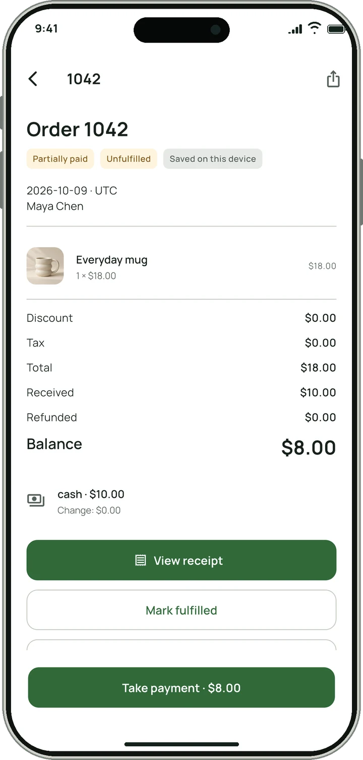 Order detail showing a partly paid order with an $8.00 balance.