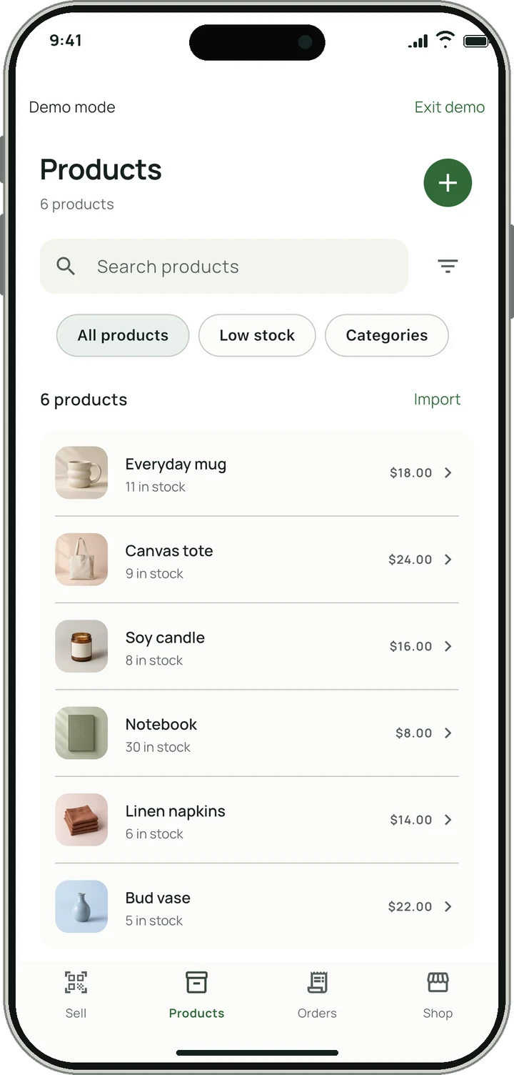 Product list with photos, prices and stock counts.